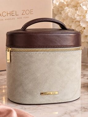 Rachel Zoe Cream Suede and Brown Leather Cosmetic Case with Gold Hardware